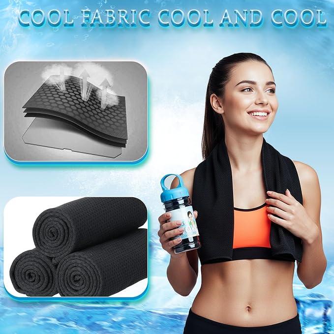 Honoson 10 Pcs Cooling Towels for Neck and Face, 47"x12" Sports Breathable Ice Towels Microfiber Chilly Sweat Rags with Portable Bottle for Gym Golf Athletes Yoga Workout Hot Weather (Black)