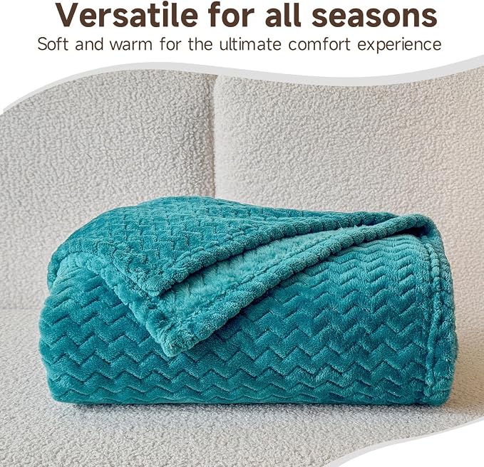 Simple&Opulence Teal Fleece Throw Blanket Lightweight Super Soft Cozy Flannel Blanket with Wave Textured for Sofa Couch Bedroom Decor Camping 50x60 Inches All Season Use（Wave Teal