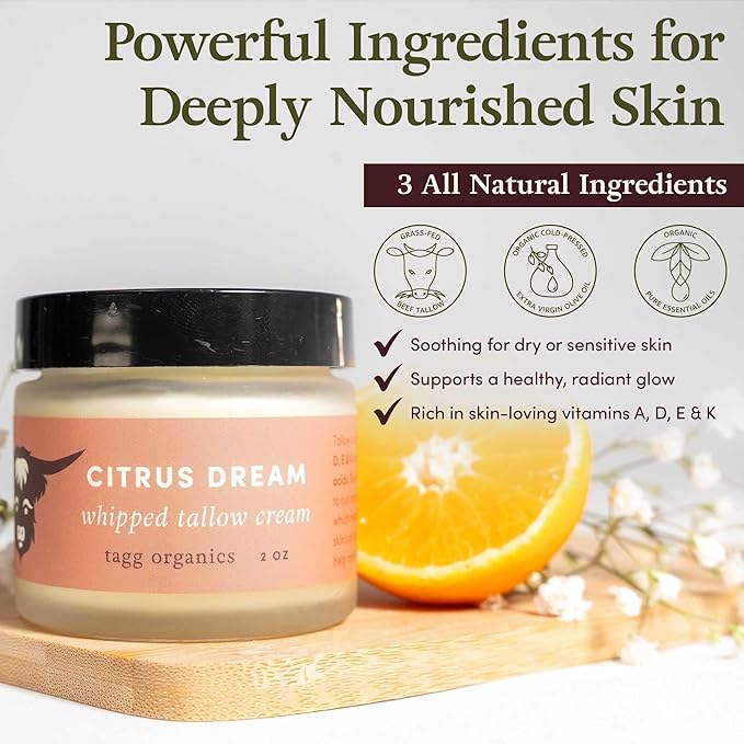 Whipped Tallow Cream for Skin - 100% Organic & Chemical-Free - Deep, Long-Lasting Hydration & Nourishment for Dry & Sensitive Skin (Citrus Dream 2oz)