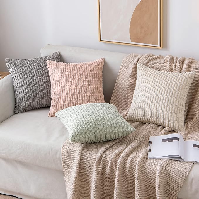 MIULEE Corduroy Decorative Throw Pillow Covers 18x18 Light Green Pack of 2 | Soft Boho Striped Pillow Covers Modern Farmhouse Home Decor For Sofa Living Room Couch Bed