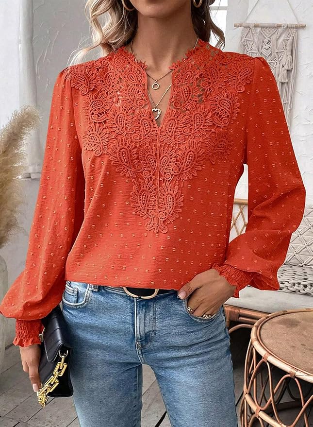 Womens Tops Swiss Dot Boho Long Sleeve Shirts V Neck Casual Chiffon Blouses Flowy Lace Hem Cute Clothing Trendy 2026