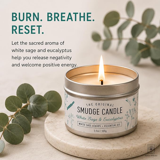 SOUL STICKS Smudge Candle for Cleansing House, Meditation, Chakra Healing, Aromatherapy | 3.5 Ounce Smudge Candle for Spiritual Cleansing (White Sage & Eucalyptus)