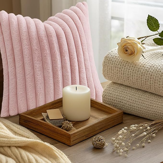 decorUhome Fall Faux Fur Throw Pillow Covers 12x20 Set of 2 Pink | Decorative Soft Cozy Striped Plush Modern Farmhouse Boho Couch Pillow Cases Velvet Back for Sofa Bed Living Room Home Decor