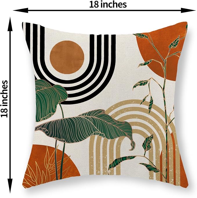 Boho Orange Pillow Covers 18x18 Set of 2 Green Gold Leaf Tropical Mid Century Throw Pillows Outdoor Bohemian Modern Decorative Pillowcase Farmhouse Linen Cushion Case for Couch Sofa Decor