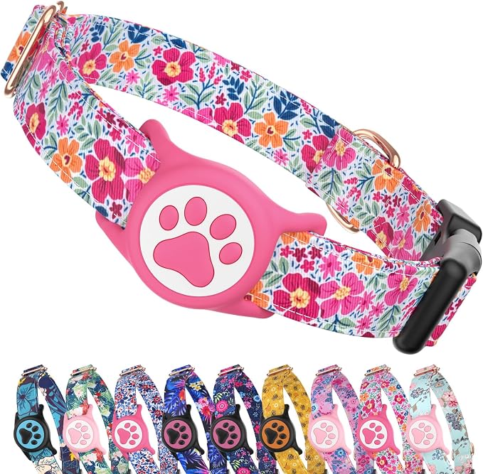 Airtag Dog Collar,with Waterproof airtag Holder，Original Stylish Cute Pattern Design.QR Code ID Buckle，Comfortable Soft Cotton for Small Medium Large Dogs