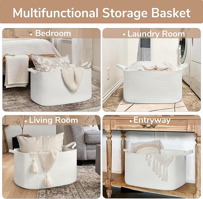 Goodpick Large Woven Rope Blanket Basket, Rectangle, White, 75L | 21.6'' x 14.9'' x 11.8'' Storage Basket for Blankets & Toys, Living Room, Bedroom & Nursery Organization, Reinforced Handles