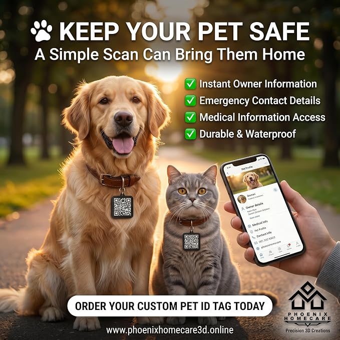 Phoenix Homecare Personalized QR Code Pet ID Tag for Dogs & Cats | Waterproof Smart Collar Tag | Custom Pet ID with Owner Contact, Emergency & Medical Information | No App Required