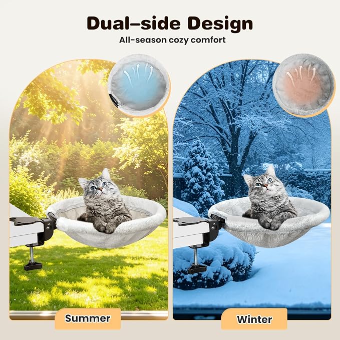 Cat Desk Bed, One-Click Foldable Cat Bed for Desk Hammock Up to 40 Lbs | Reversible & Washable, Sunken Cat Desk Hammock with Soft Plush, Heavy-Duty, Hanging Cat Bed with Steel Clamp for Desktops