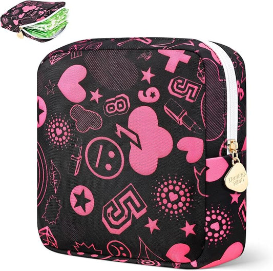 Period Bag for Girls Polyester Period Pouch Pad Bag First Period Kit for Teen Pads/Sanitary Napkins/Small Tampons, Feminine Hygiene Organizer for Women (Pink Graffiti)