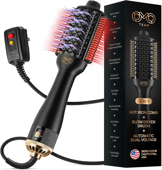 Blowout Brush Hair Dryer, 4-in-1 Blow Drying Brush, Automatic Dual Voltage, Ionic Hair Straightener w/No Heat Damage, Light 1.3 lb Blowout Tool, Blow Dryer Curling Wand, Hot Air Styler for All Types