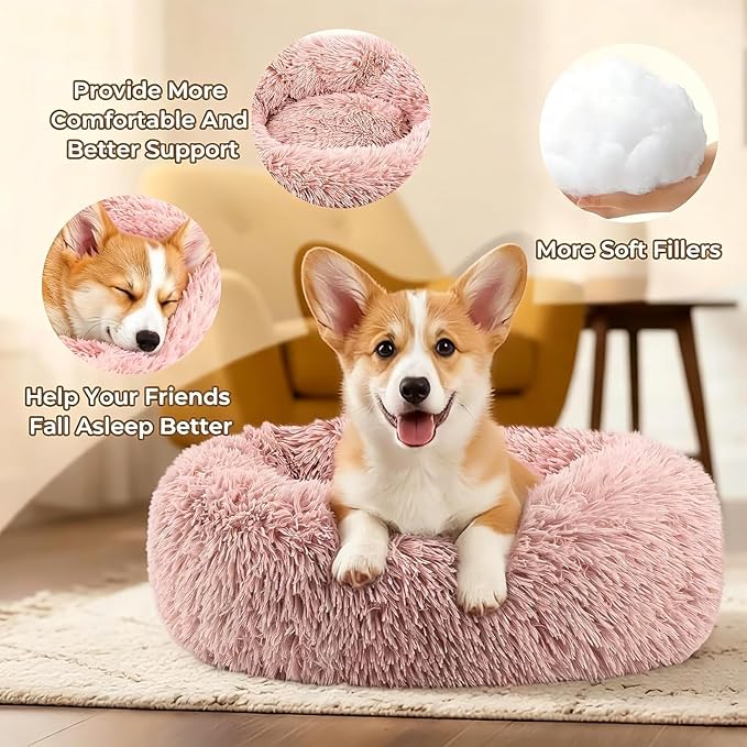 Calming Extra Large Donut Dog Bed, Anti-Anxiety Round Soft Fluffy Plush Faux Fur Washable Anti-Slip Pet Bed for Medium Dogs Up to 45 lbs 32in Pink