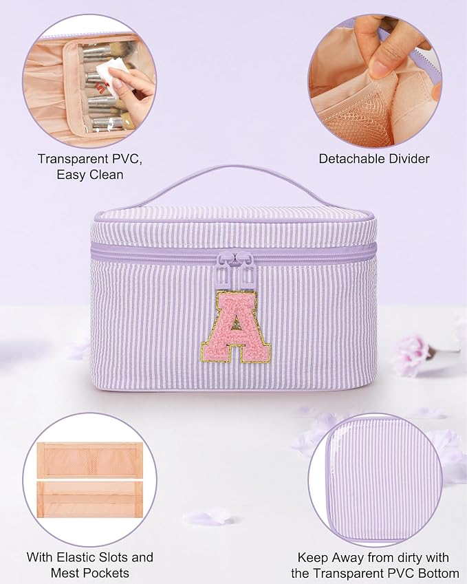 MONSTINA Personalized Initial Makeup Bag with Brush Holder and Divider for Women,Make Up Case for Girlfriend Bridesmaid Wife,Birthday Gift for Her Cute Toiletry Bag,2PCS,Purple Z