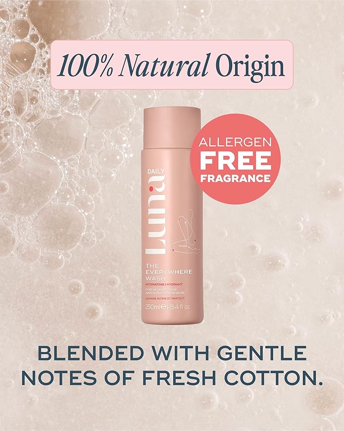 Luna Daily Hydrating Feminine Wash, Soft Cotten Scent | pH-Balanced Body Wash for Sensitive Skin | Moisturizing Daily Cleanser with Soothing Aloe for Daily Relief | Gentle & Pregnancy-Safe, 250ml