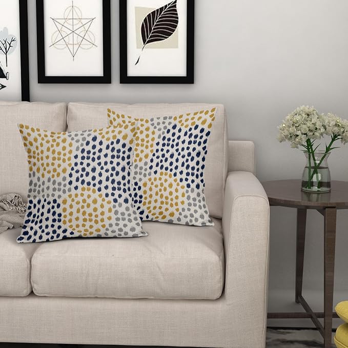 Blue Yellow Pillow Covers 16x16 Set of 2 Boho Design Gray Polka Dot Throw Pillows Modern Art Trendy Print Decorative Outdoor Pillowcase Square Cushion Cover Linen Pillow Case for Home Sofa Couch Bed