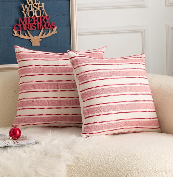 Cethom Christmas Valentines Pillow Covers, Boho Textured Red Pillow Case, Pillow Covers 18 x 18 Inch Set of 2 Valentines Day Decoration, Chair Sofa Bedroom Living Room Home Holiday Decor Cushion Case