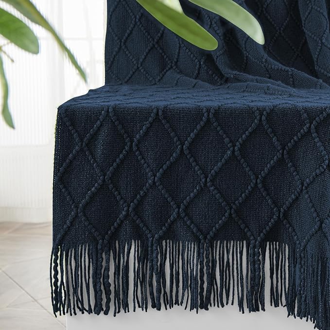 inhand Dark Blue Knitted Throw Blanket for Couch and Bed, 50"x60" | Soft Cozy Knit Blanket with Tassel, Lightweight Decorative Blankets and Throws, Farmhouse Warm Woven for Men and Women