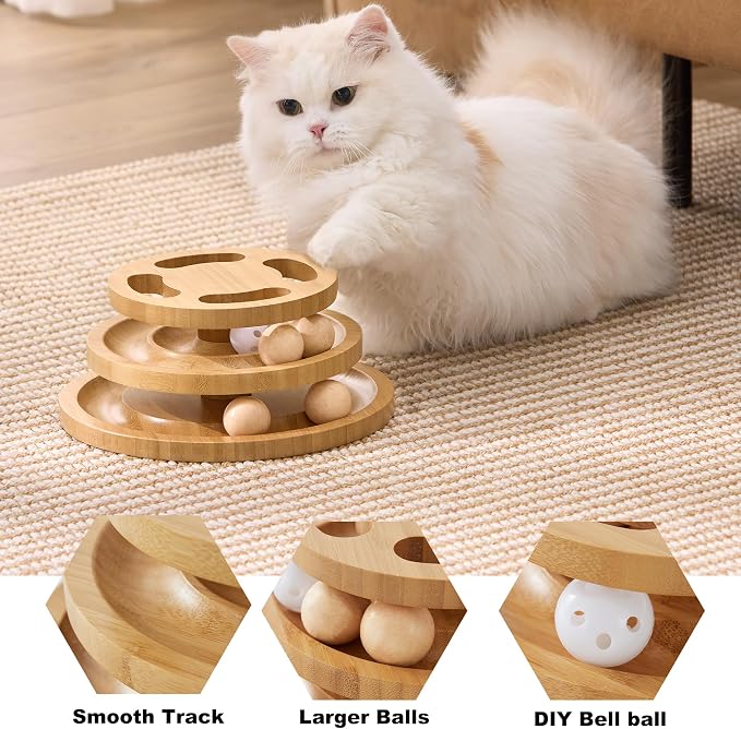 ZOMISIA Cat Ball Track Toy with Puzzle Top, Wooden Cat Toys for Indoor Cats