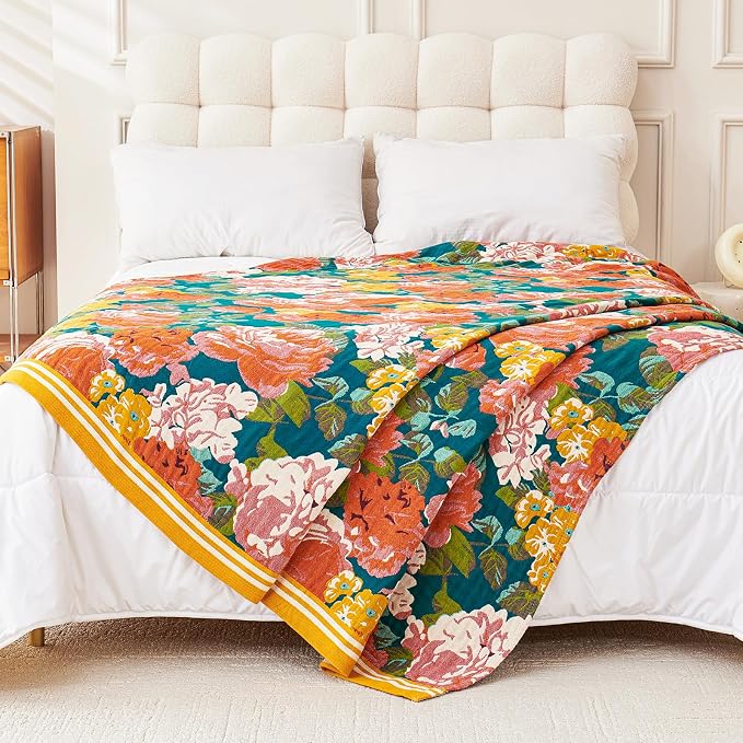 VANJOROY Boho Throw Blanket, 100% Organic Cotton Breathable Ultra Soft 60" x 80" Bed Quilt Throw - All Season Floral Rustic Farmhouse Decor Luxury Reversible Blanket for Sofa Couch Chair and Gift