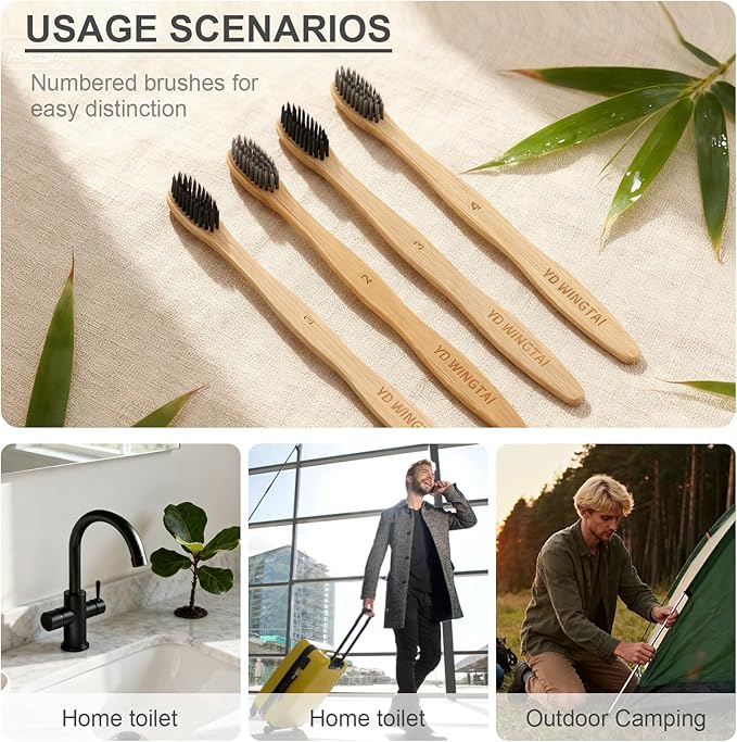 YD WINGTAI Bamboo Toothbrush Biodegradable WoodenToothbrushes 12pack Natural Travel Size Organic Charcoal Tooth Brush