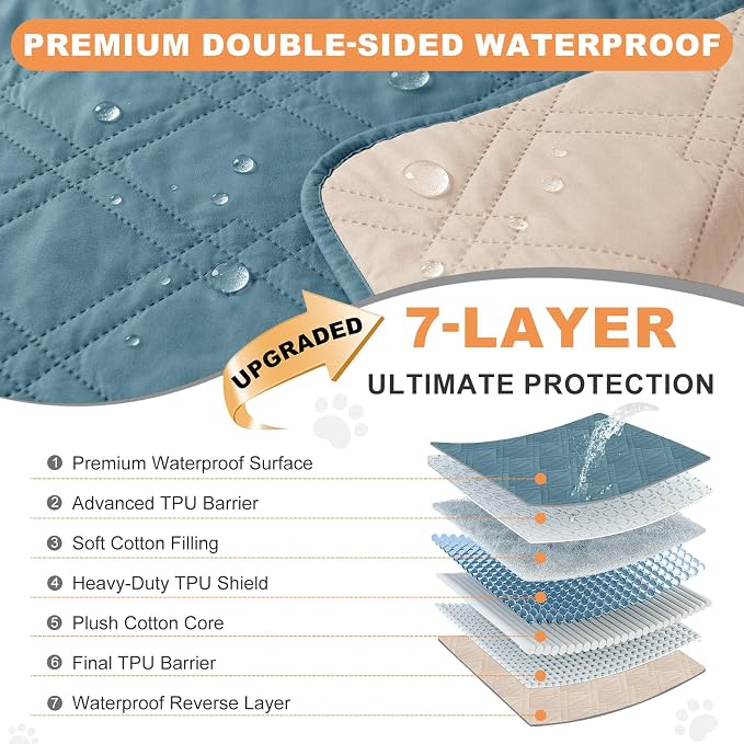 100% Waterproof Washable Dog Blanket，Gray Blue+Apricot， 82"x92" | ,7-Layer Reversible Couch Covers for Dogs Met for Sofa Furniture Car Camping