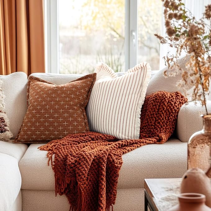 Fall Throw Pillow Covers 24x24 Set of 2 Striped Pillow Covers with Fringe Chic Cotton Decorative Pillows Square Cushion Covers for Sofa Couch Bed Living Room Fall Decor,Rust