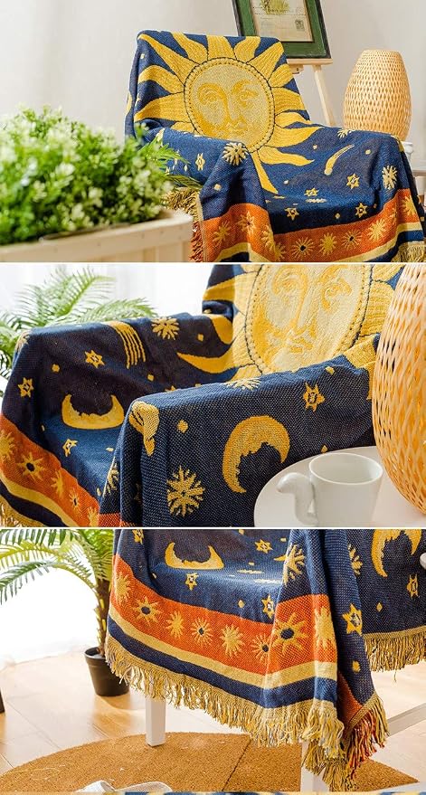 Erke Celestial Moon Sun Blanket Vintage 90s Decor Chair Whimsy Hippie Throw | Sofa Couch Furniture Aesthetic Witchy Recliner Cover, Bed Spread, Hippie Room Decor, Double Sided Woven