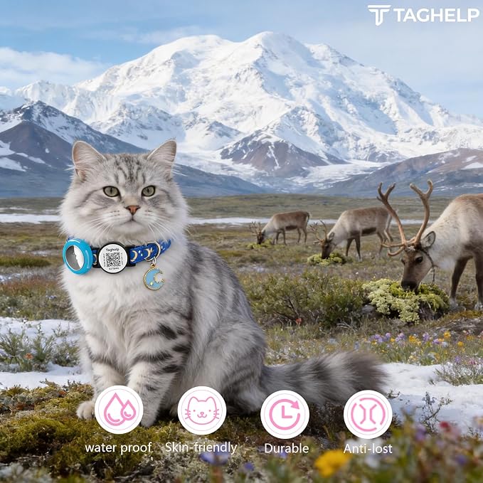 Waterproof Airtag Cat Collar Breakaway with Bell,Moon and Stars Pendant,Reflective Kitten Collar with Apple Airtag Holder,Safety Buckle for Girl Boy Cats,Pet Supplies,Accessories,Gifts (Blue B)