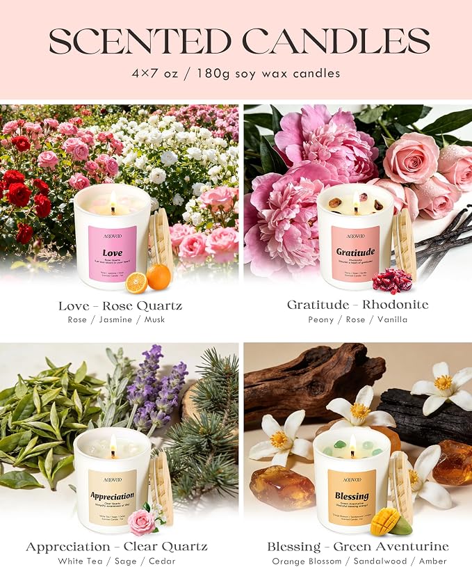 AOOVOO Healing Candles Set for Women - 4 Pack Candles for Home Scented, Aromatherapy Candle with Crystals, Gratitude Rhodonite/Appreciation Clear Quartz/Blessing Aventurine/Love Rose Quartz