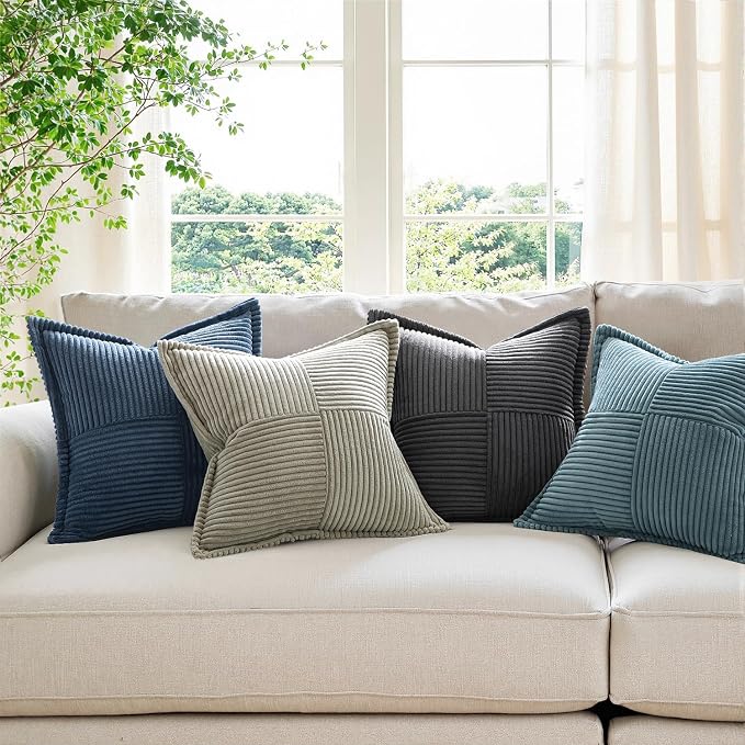 MIULEE Decorative Throw Pillow Covers for Couch 18x18 Inch Blue 2 Pack | Boho Broadside Striped Patchwork Pillow Covers, Soft Corduroy Cushion Cases, For Sofa Bed Livingroom Home Decor