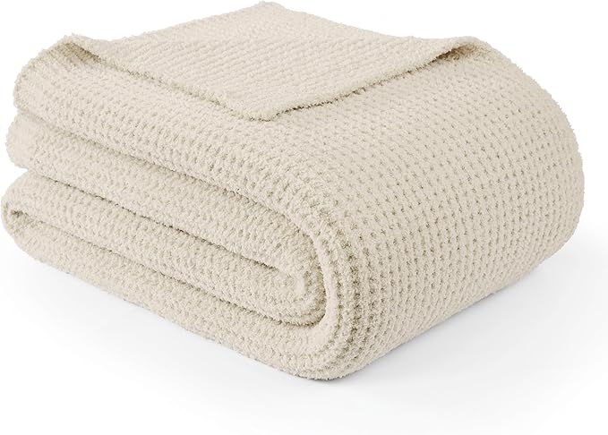 WDCOZY Ivory Waffle Throw Blanket for Couch Bed, Reversible Super Soft Plush Knitted Blanket, Lightweight Cozy Fuzzy Fluffy Warm Throw for Sofa Chair, Textured Blanket for Home Decor, Cream 60"x80"