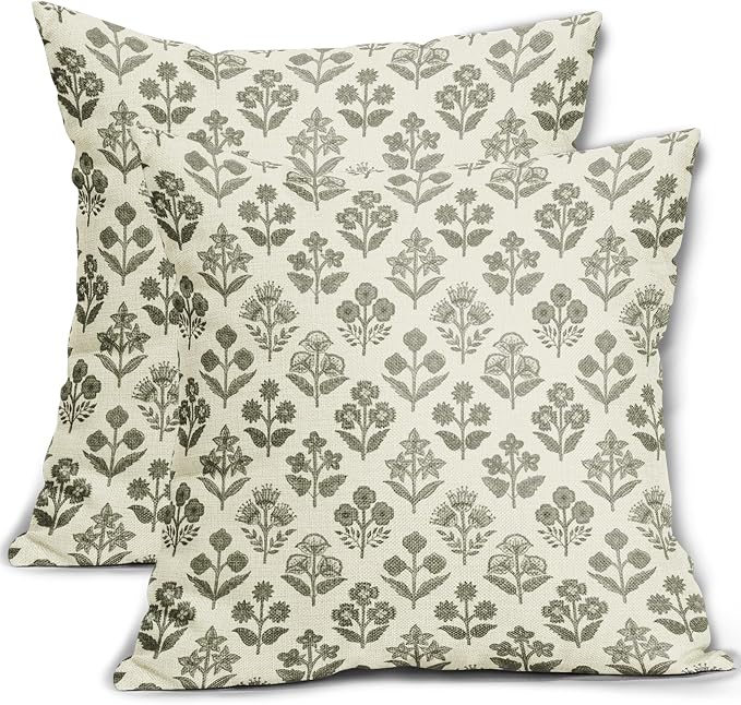 Olive Green Floral Pillow Covers 22x22 Inch Set of 2, Vintage Flower Block Print Pattern Decorative Throw Pillowcases Outdoor Farmhouse Cushion Covers Spring Summer Rustic Sofa Couch Bed Decor