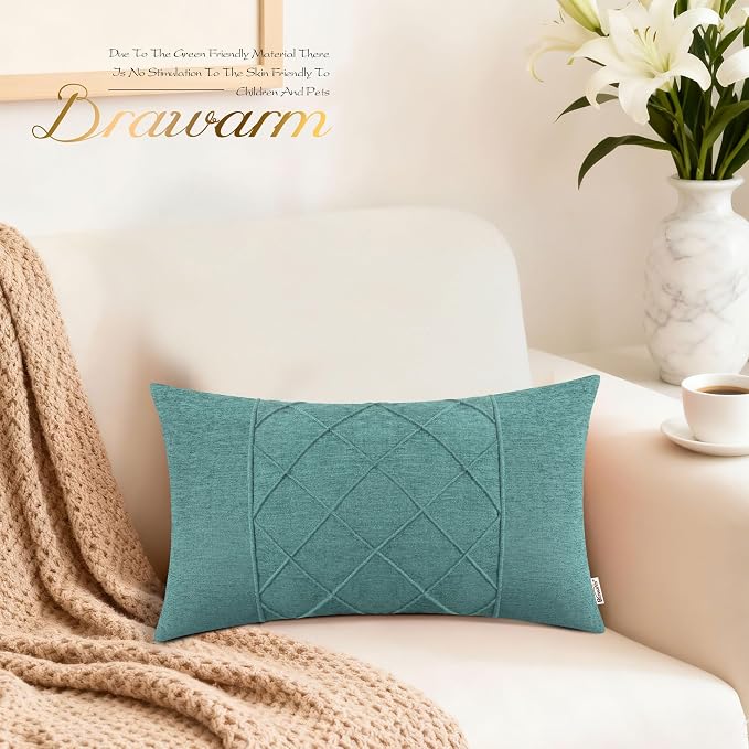BRAWARM Chenille Throw Pillow Covers 12x20 Inches, Teal, 2 Pack | Decorative Lumbar Pleated Pillow Covers, Soft Cushion Cases for Sofa Bed Living Room Home Farmhouse (No Insert)