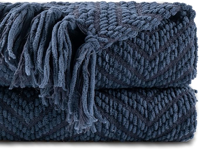 BATTILO HOME Navy Blue Throw Blanket for Couch, 60"x80" | Super Soft Cozy Warm Dark Blue Throws for Twin Bed, Knit Woven Chenille Blanket Versatile for Sofa Bedroom Home Decor