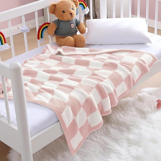 Soft Checkered Throw Blanket for Couch-Cozy Warm Knitted Blankets | Lightweight Fluffy Decor for Boys & Girls, Sofa, Chair, Bed, 30x40in,Pink