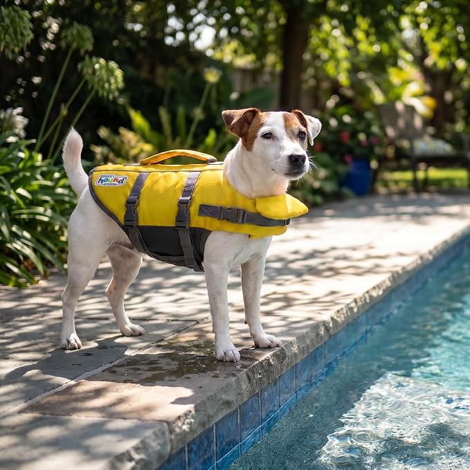 Outward Hound Granby Splash Dog Life Jacket, Life Vest, Yellow, Small | Max Buoyancy, Adjustable Fit, Head/Neck Support, Rescue Handle, Reflective, Swimming & Boating, Small Dogs (16–20" Girth)