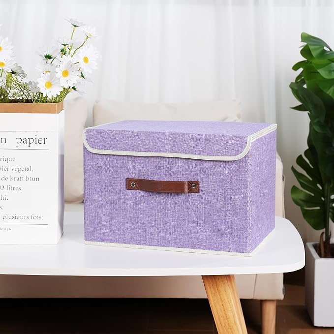 ANMINY Fabric Storage Box Bins with Lids, Purple, 15"x10"x10", 4 Pack | Keepsake Memory Storage, Cotton Linen, PP Board Reinforced, Washable, PU Handles, Foldable & Stackable, Decorative, Large