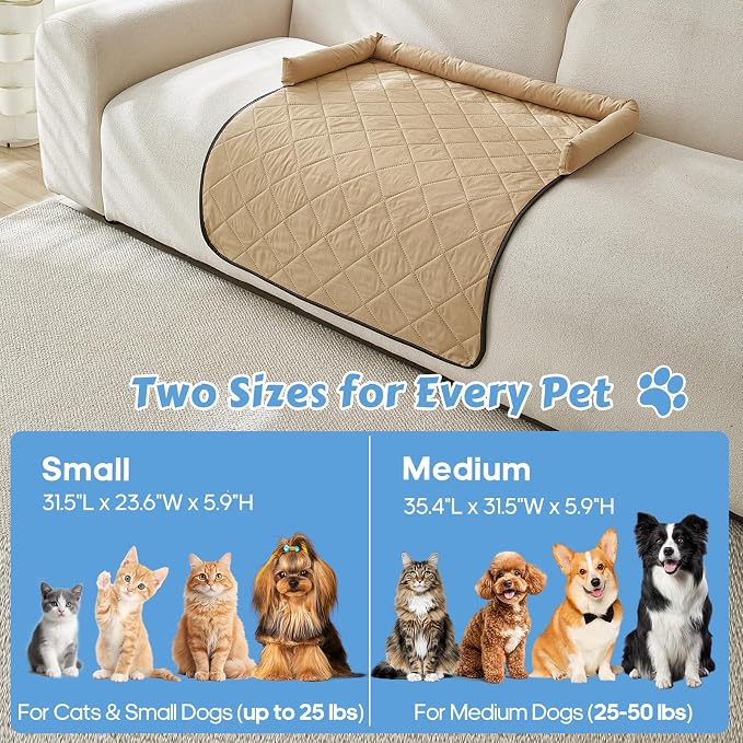 Cooling Dog Bed Mats with Neck & Head Support, 35.43 x31.5 inch Khaki | for Small and Medium Dogs & Cats, Non-Slip, Machine Washable, Protects Sofa from Fur & Scratches