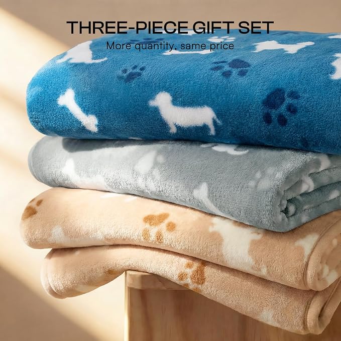 Luciphia Dog Blanket 3 Pack, Soft Cozy Fleece Throw for Puppy Cat,30"x20" | Fuzzy Flannel Small Pet Blanket Washable, Cute Paw Print for Crate Car Bed. Puppy Essential,Cat Stuff Gifts,Medium