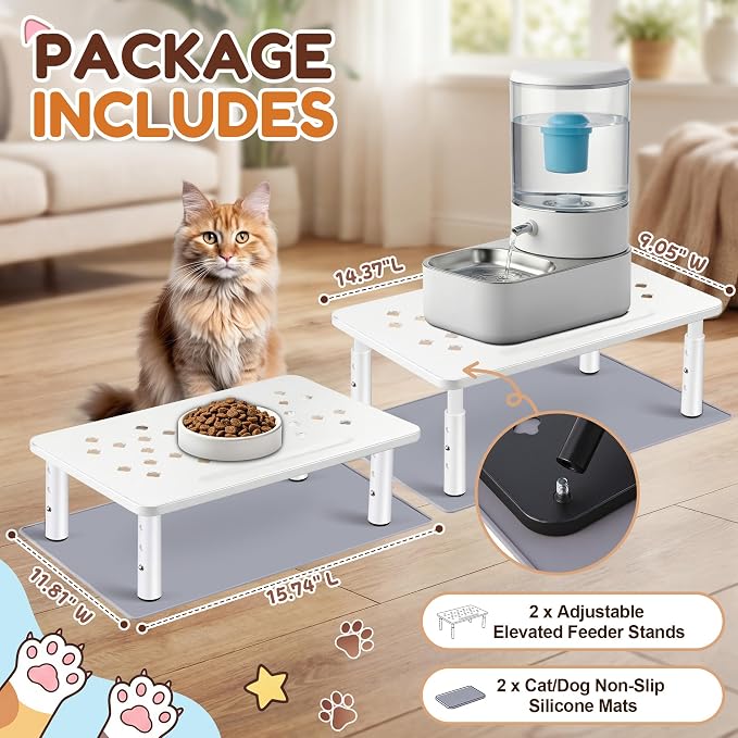 Dreyoo 2 Set Adjustable Cat Food Stand, White,Gray Mat | Fits Most Auto Feeders, Cat Food Stand, 3 Level Stand, Non Slip Silicone Mats, Elevated Feeding Table, Cats Small Dogs