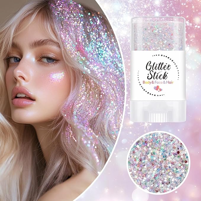 Body Glitter Stick, Neon Outfit Party Holographic Sparkling Sequins Face Paint Mardi Gras Accessories Hair Glitter Gel Makeup. (Rainbow)