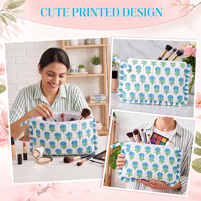 Gilprop Floral Makeup Bag Cute Cosmetic Bags for Women Travel Toiletry Bag with Ruffles Large Capacity Zipper Makeup Pouch Purse Organizer for Girls Brushes Skincare