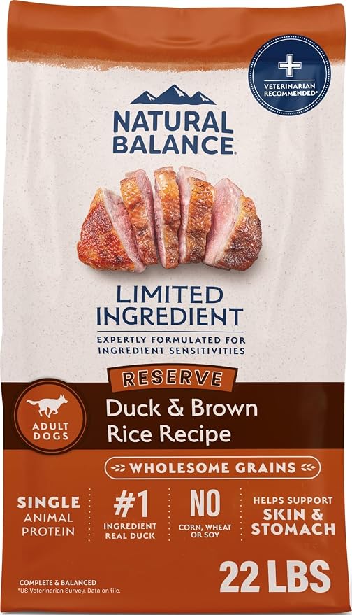 Natural Balance Limited Ingredient Adult Dry Dog Food - Complete Nutrition for Adult Dogs - Wholesome Grains Brown Rice Recipe - Limited Ingredient Formula - 22 lb - Reserve Duck & Brown Rice