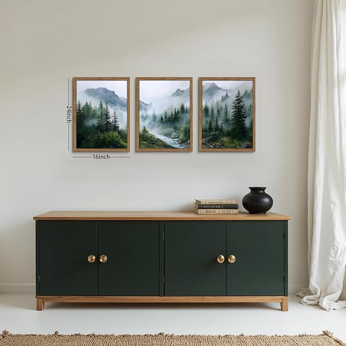 Framed Forest Wall Art Set of 3, Misty Mountain Landscape Canvas Wall Decor Paintings, Nature Tree River Scenery Artwork Prints Pictures for Living Room Bedroom Office 16x24 Inch