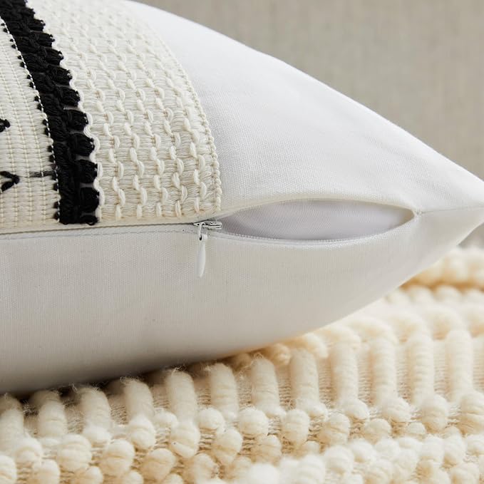 2pk Boho Pillow Covers 20x20, Natural White/Grid/Black | 100% Organic Cotton Body, Stripe Embroidery, Farmhouse Decorative Cushion Covers for Sofa Bed Living Room Home Decor