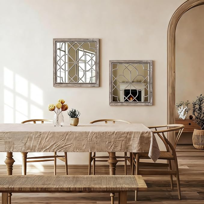 Set of 2 18 Inch Large Square Brown Window Pane Wall Mirrors, Shatterproof Rustic Farmhouse Boho Vintage Accent Mirrors for Living Room, Bedroom, Bathroom, Entryway & Home Decor