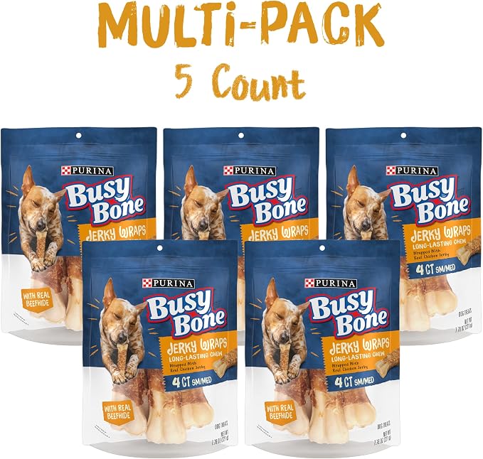 Purina Busy Bone Jerky Wraps Small/Medium Breed Dog Treats, (5) 4 ct Pouch | Beefhide Wrapped With Real Chicken Jerky long-lasting dog chews, grain-free, just five ingredients, resealable pouch