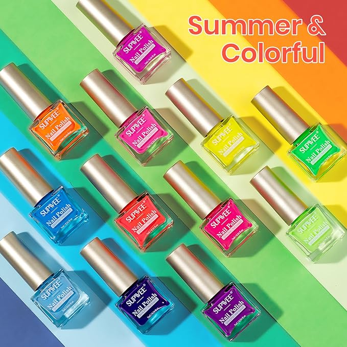 Bright Neon Nail Polish Set, Summer Rainbow Quick Dry Regular Bulk Nail polish Non Gel, Air Fast Drying Fingernail Lacquer for Women Girls Manicure Salon DIY Home