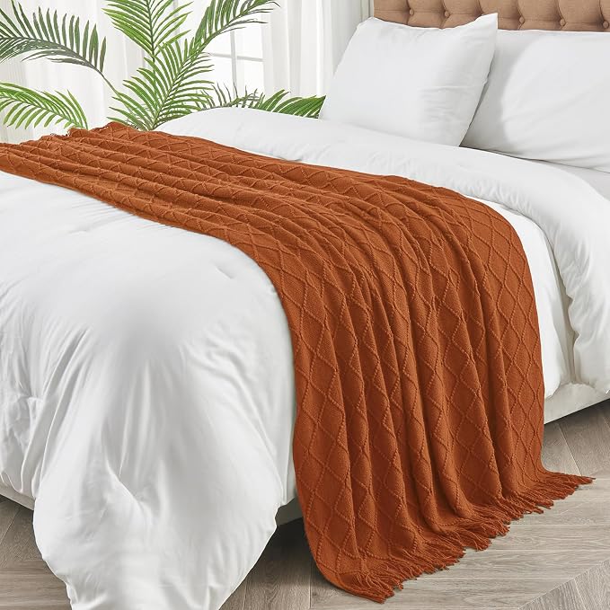 inhand Orange Rust Knitted Throw Blanket for Couch and Bed, 60"x80" | Soft Cozy Knit Blanket with Tassel, Lightweight Decorative Blankets and Throws, Farmhouse Warm Woven for Men and Women