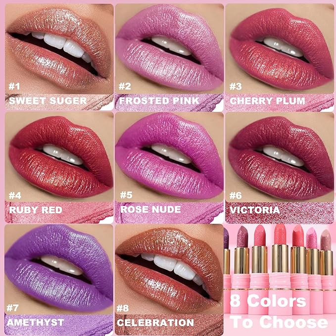 Glitter Lipstick Metallic Lip Stick Long Lasting Waterproof High Shine Diamond Creamy Shimmer Lipstick for Women Transfer Proof Full Coverage Sparkling Hot Pink Lip Crayon Color Makeup, 6