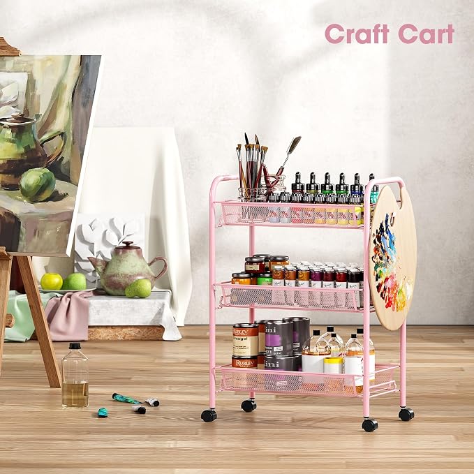 TOOLF 3 Tier Rolling Cart, Metal Utility Storage Cart with Wheels, Pink | 3 Hooks, Screwless Assembly, Trolley Organizer for Bathroom, Kitchen, Office, Nursery, Dorm, Laundry Room